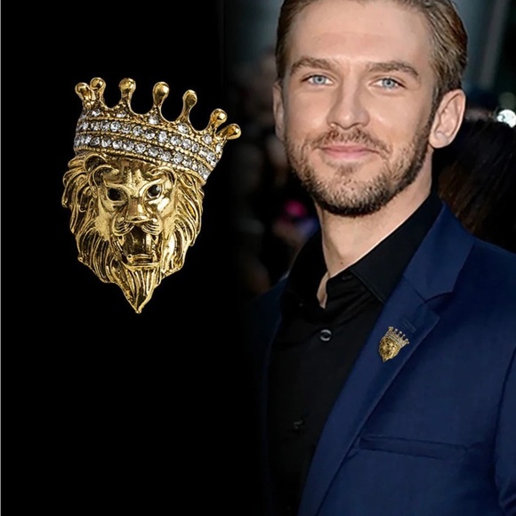 Lion Head Brooch Crystal Crown Lapel Pin for Men Suit Shirt Collar Pins Brooches - Picture 4 of 6